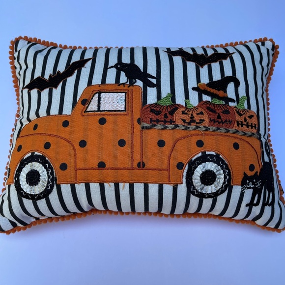 Witch Crafters Halloween Throw Pillow Truck Scene w/ Bats Crows & Pumpkins - Picture 2 of 8